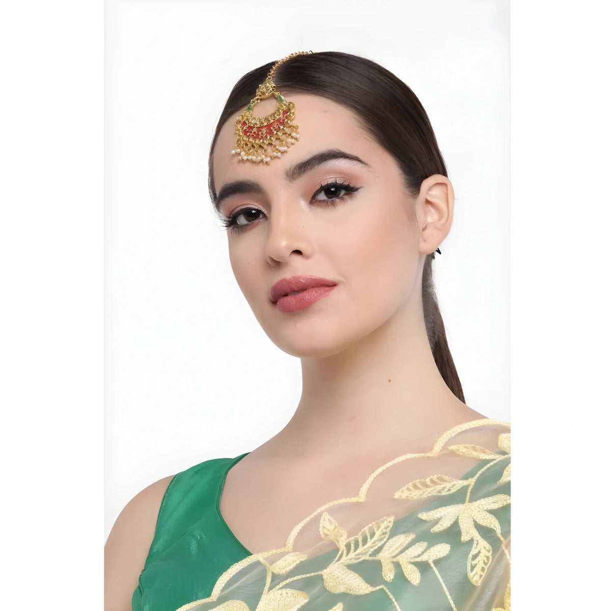 Women's Rose Gold Plated Alloy Kundan Earrings &amp; Mangtikka (Red &amp; Green)