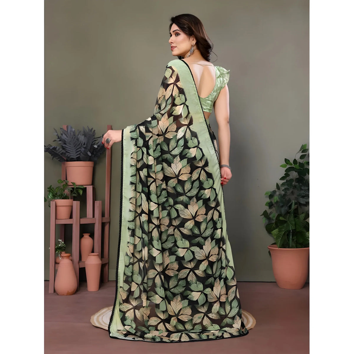 Women's Chiffon Printed Saree With Unstitched Blouse 5.5Mtr  (Green)