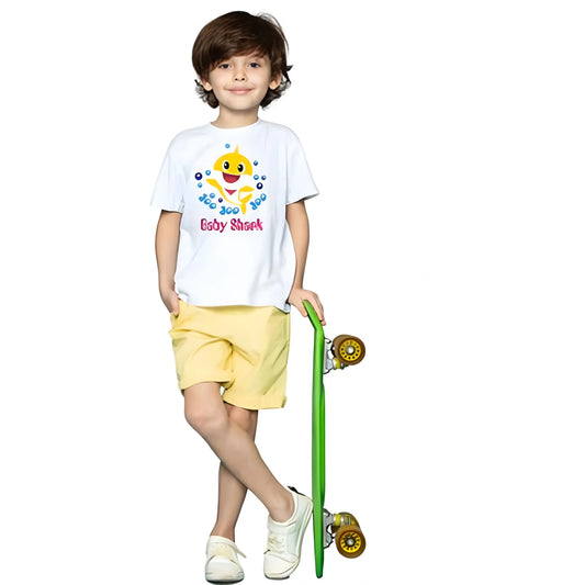 Boys Cotton Baby Shark Half Sleeve TShirt (White)