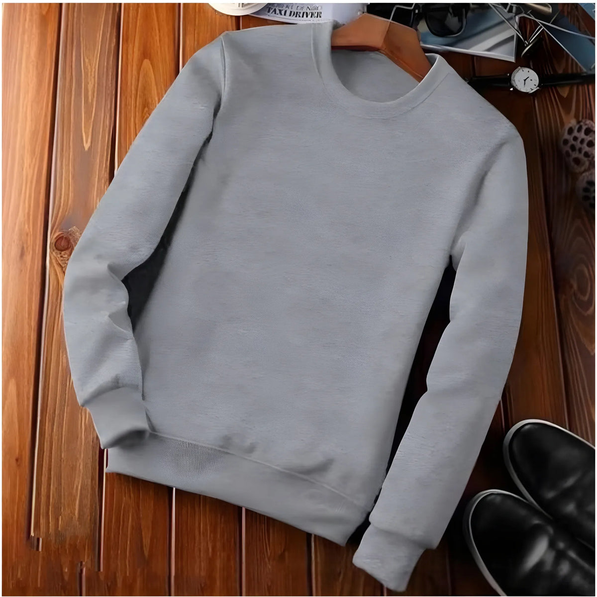 Men's Casual Fleece Solid Round Neck Long Sleeves Sweatshirt (Grey)