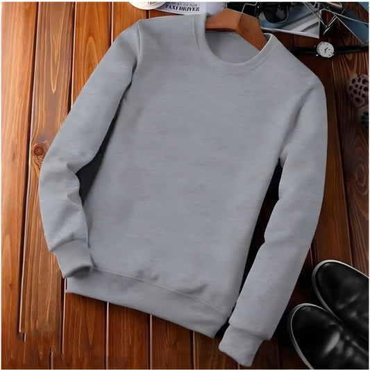 Men's Casual Fleece Solid Round Neck Long Sleeves Sweatshirt (Grey)