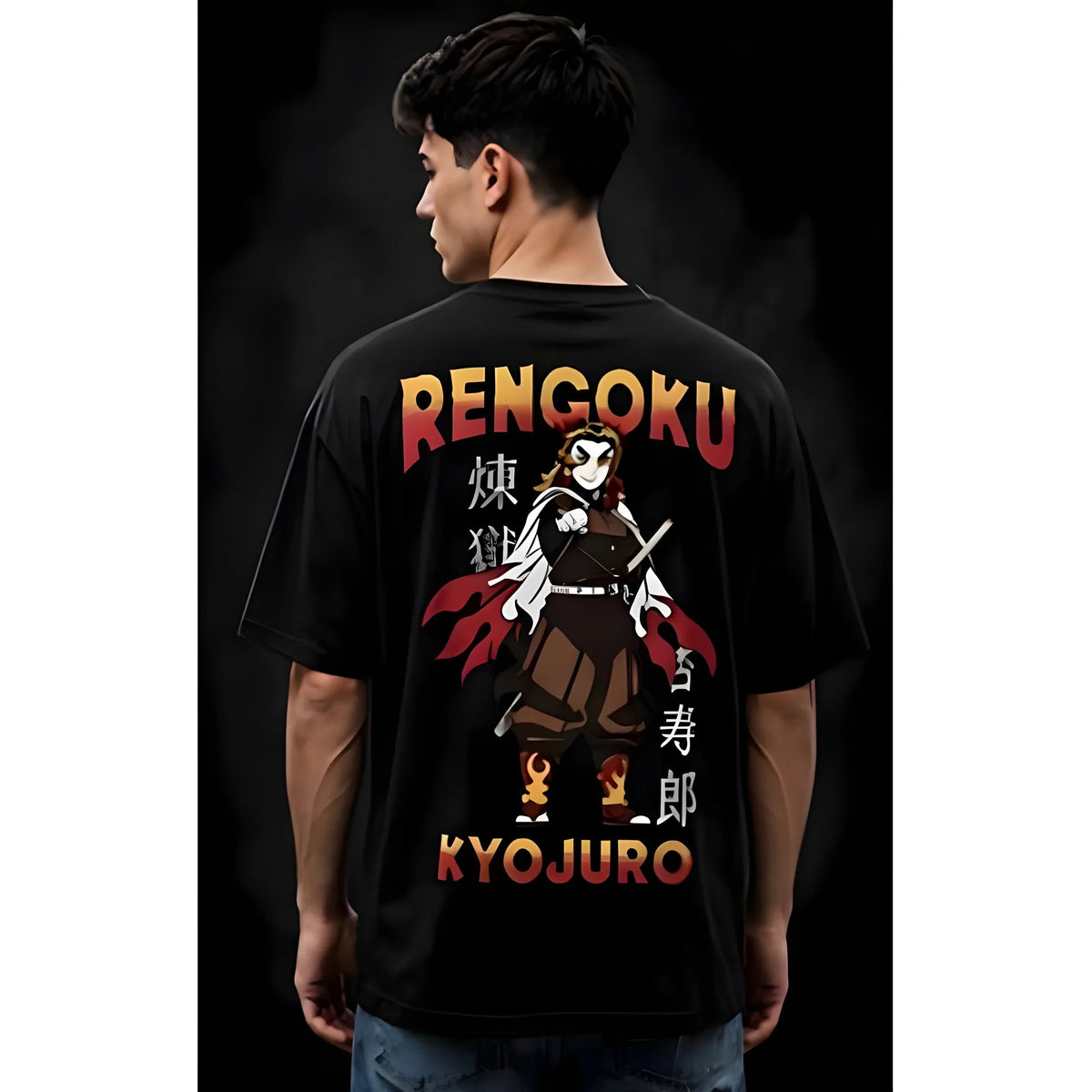 Men's Cotton Blend Printed Oversized Round Neck Half Sleeve T-Shirt (Black)