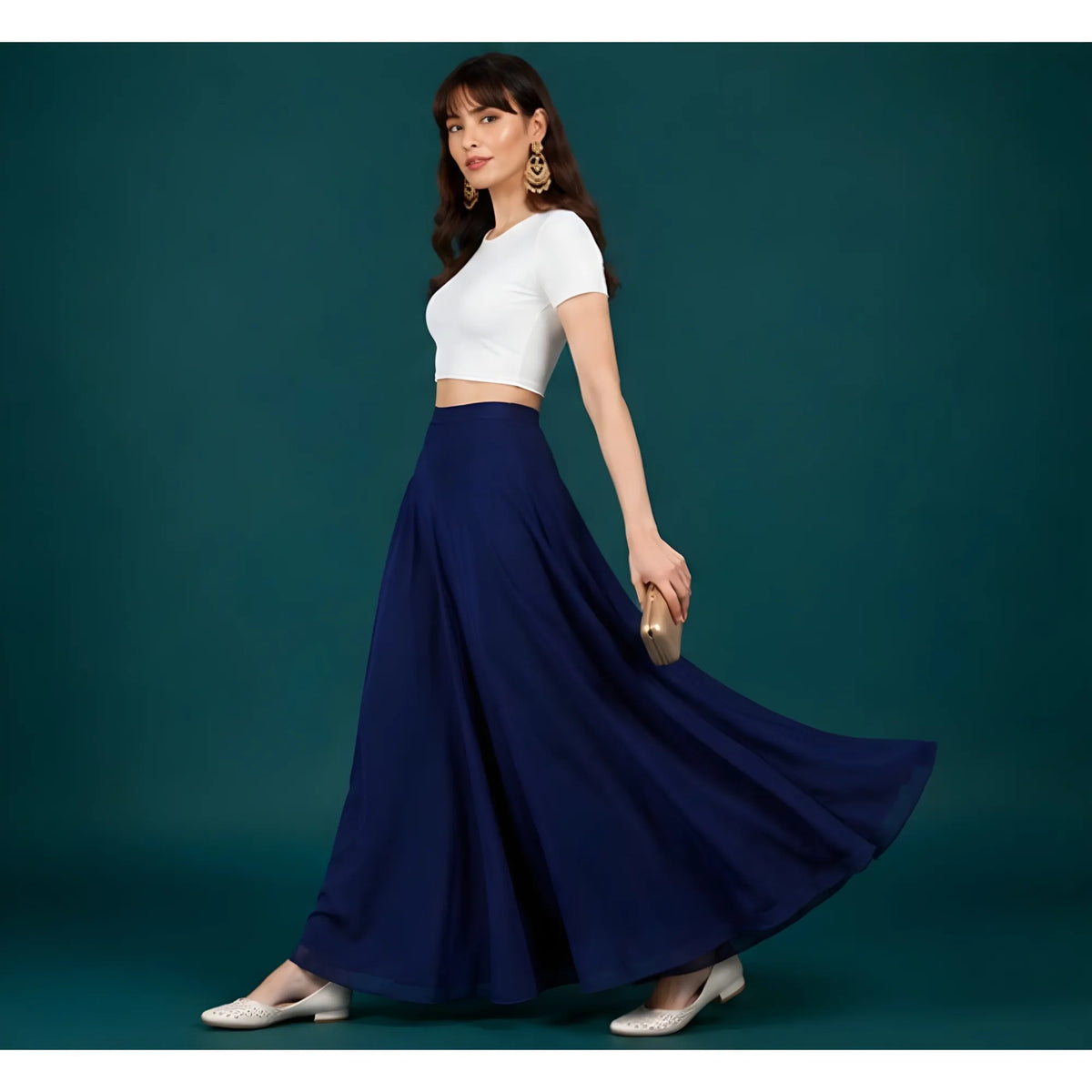 Women's Georgette Solid Mid-Rise Wide Leg Flared Palazzo with Elastic Waist (Navy Blue)