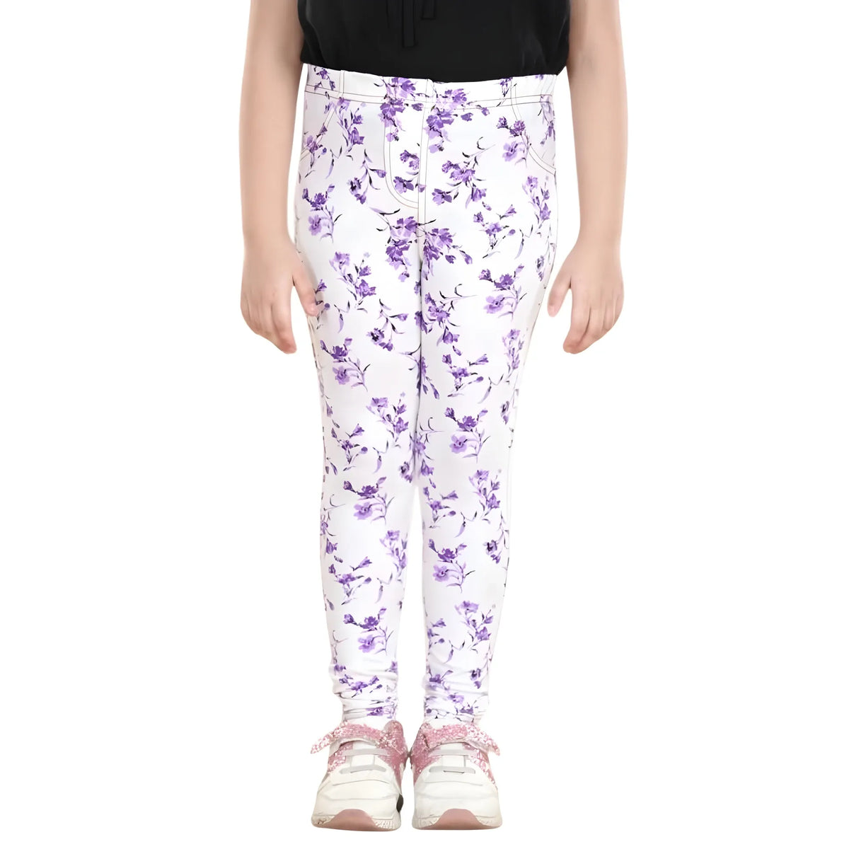 Girl's Cotton Lycra Floral Elasticated Jeggings (White-Lavender)