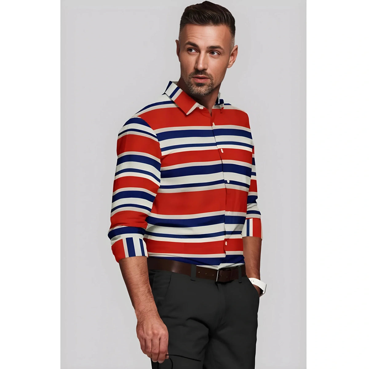 Men's Cotton Blended Striped Full Sleeve Shirt (Red-Blue)
