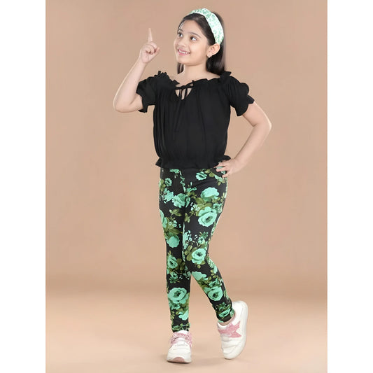 Girl's Cotton Lycra Floral Elasticated Jeggings (Black-Green)