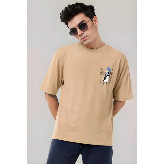 Men's Cotton Blend Printed Oversized Round Neck Half Sleeve T-Shirt (Beige)