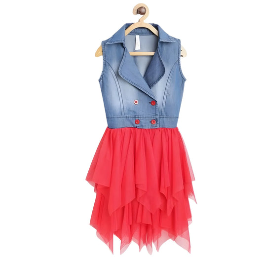 Girl's Denim Roll Up Buttoned Dress (blue Red) | Kids Signature Collection