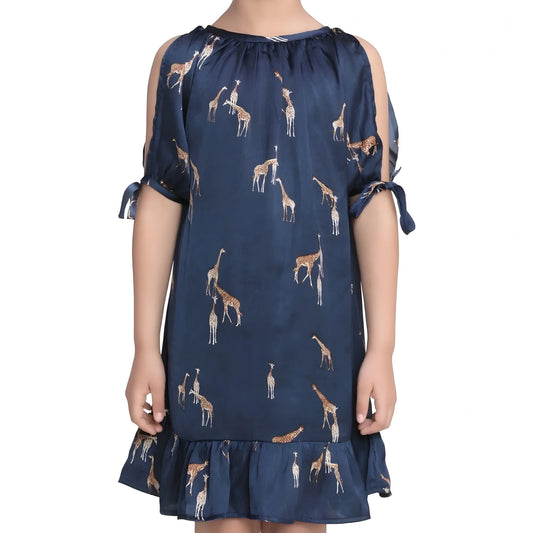 Girl's Satin Animal Print Sleeveless Dress (blue) | Kids Signature Collection
