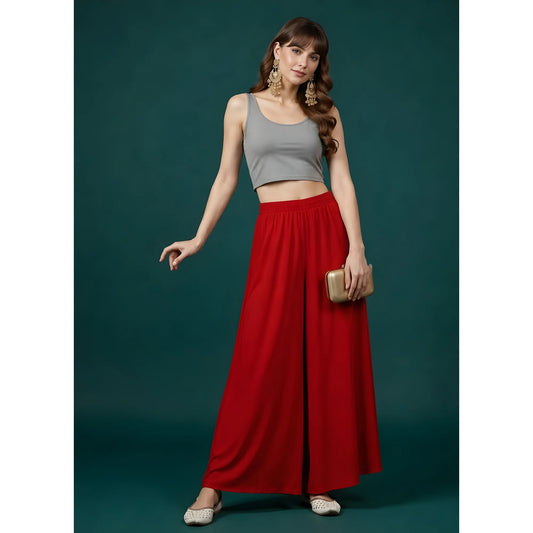 Women's Georgette Solid Mid-Rise Wide Leg Flared Palazzo with Elastic Waist (Red)