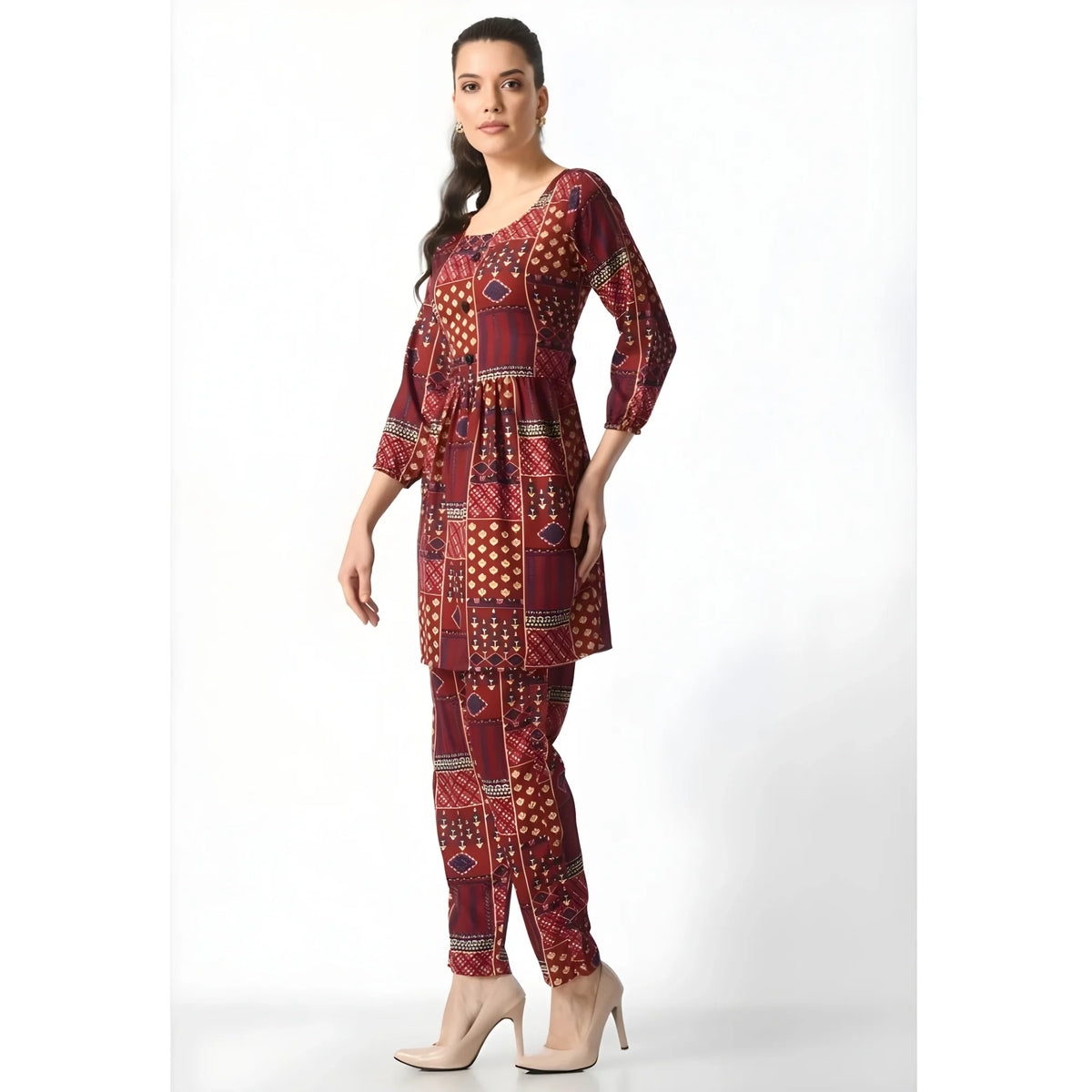 Women's Casual Crepe 3-4th Sleeves Cord Set (Maroon)