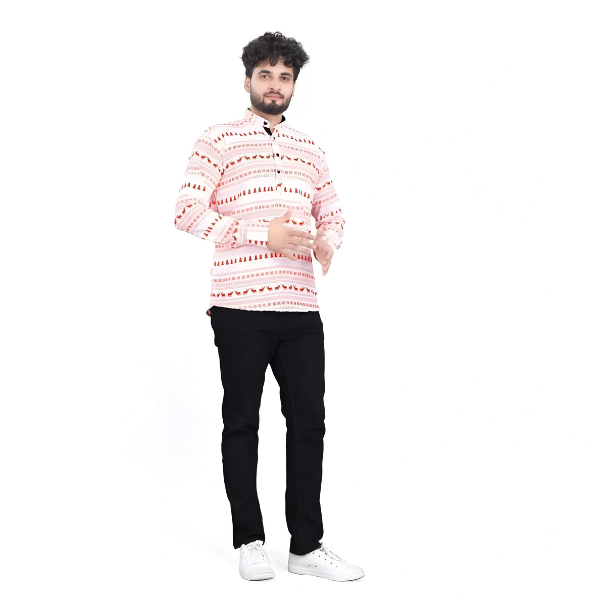 Men's Cotton Blended Printed Full Sleeve Shortkurta (Multicolor)