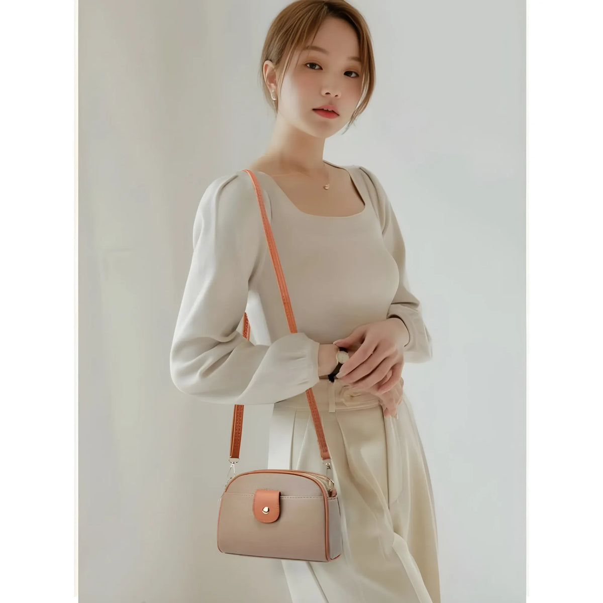 Women's PU Leather Zipper Sling Bag (Khakhi)