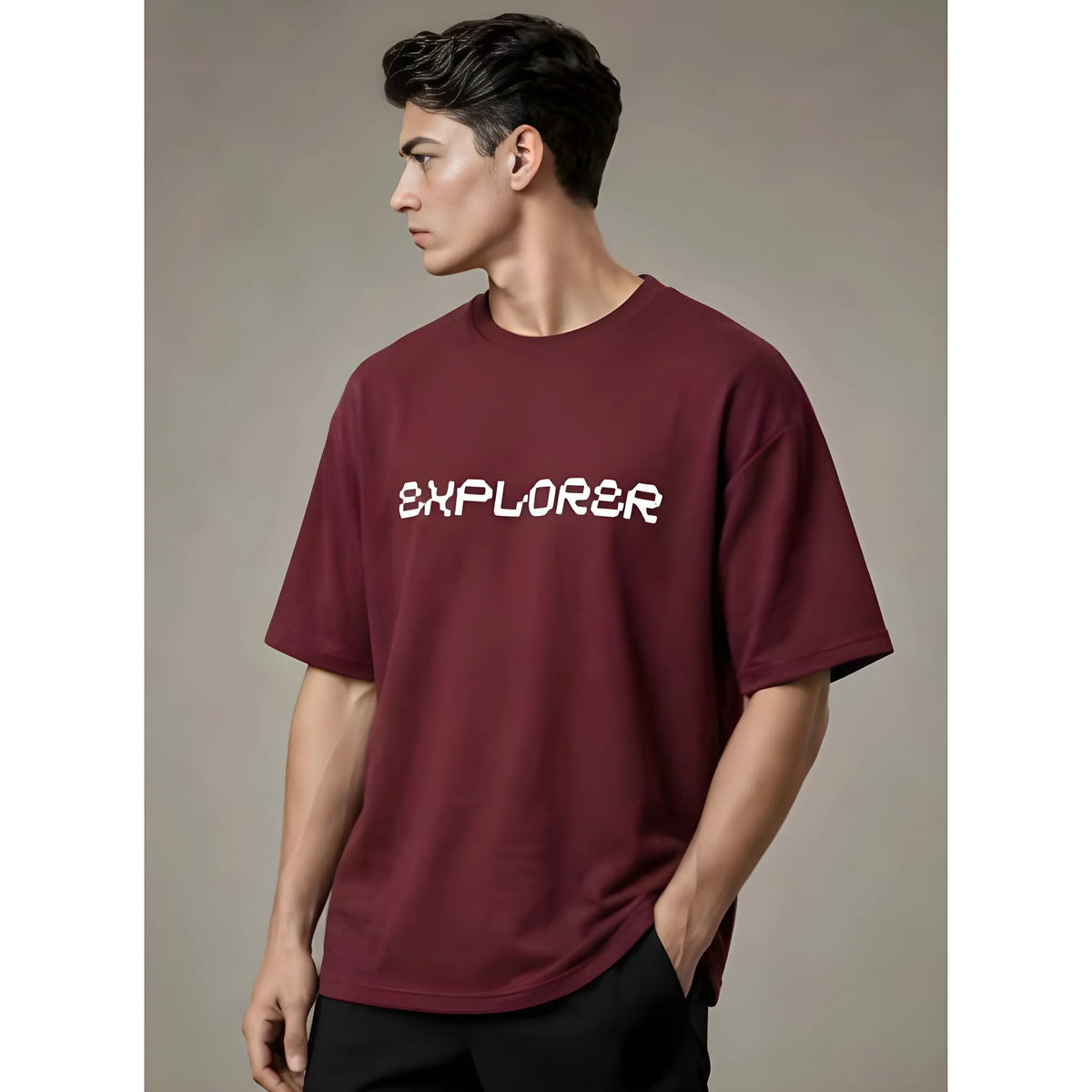 Men's Cotton Blend Printed Oversized Round Neck Half Sleeve T-Shirt (Maroon)