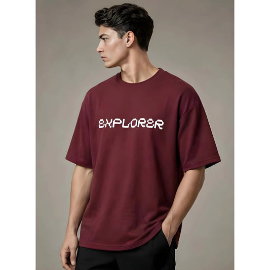 Men's Cotton Blend Printed Oversized Round Neck Half Sleeve T-Shirt (Maroon)
