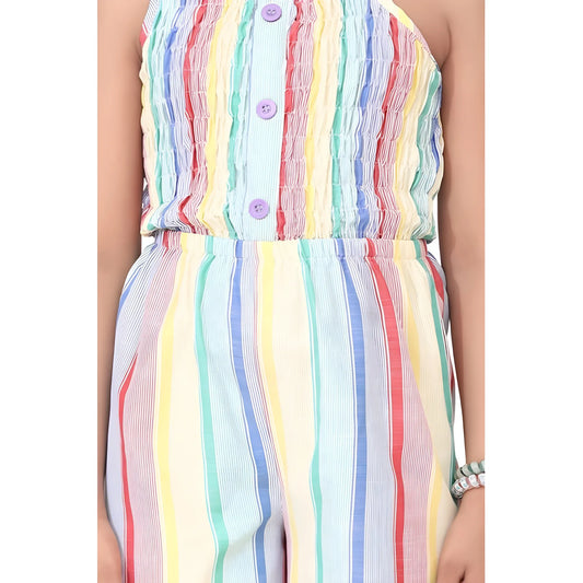 Girl's Polyester Cotton Blend Striped Sleeveless Jumpsuit (multicolor) | Kids Signature Collection