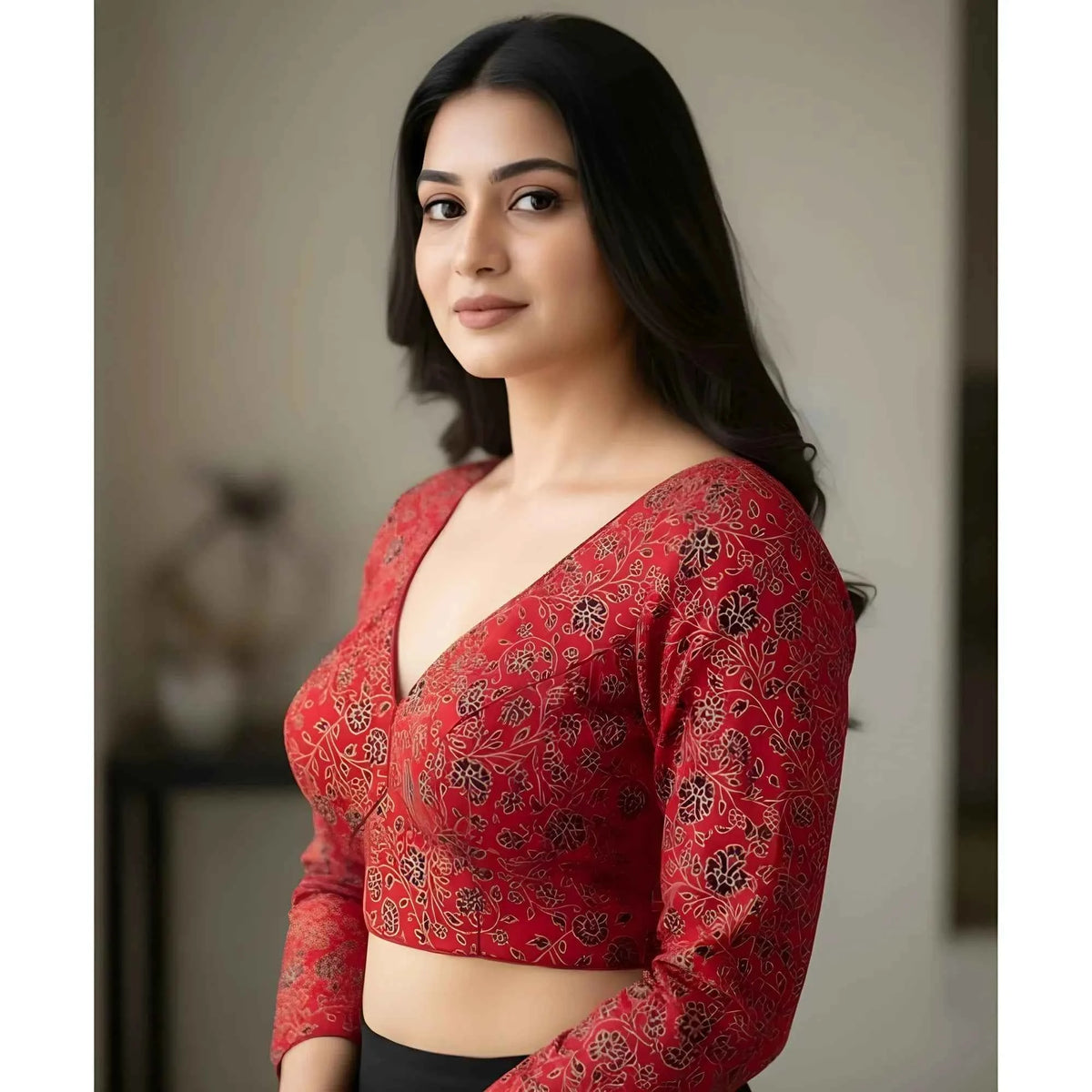 Aarini Ajrakh Cotton Printed V-Neck Padded Blouse