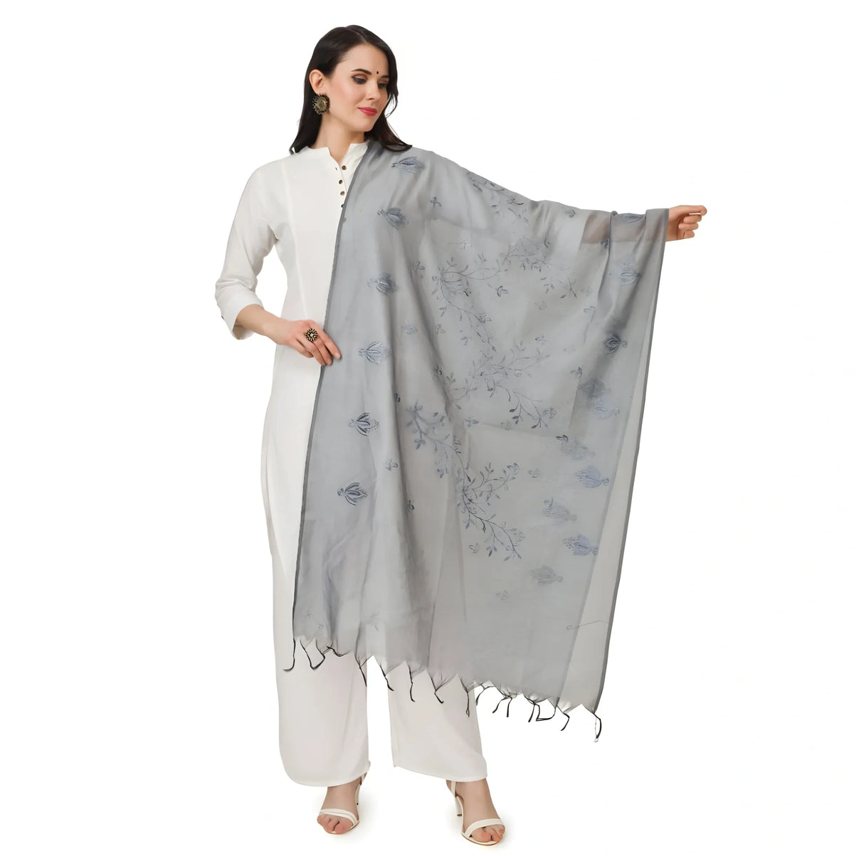 Women's Cotton Embroidered Dupatta (Grey, Length:  2.25 to 2.50 Mtr)