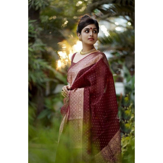 Women's Litchi Silk Printed Saree With Unstitched Blouse (maroon) | Women Signature Collection