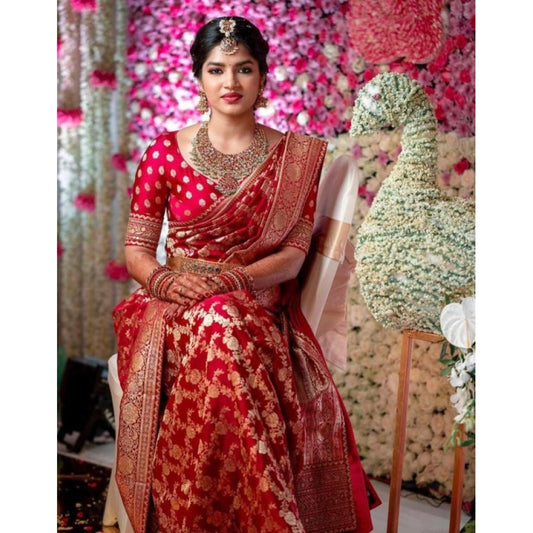 Women's Litchi Silk Printed Saree With Unstitched Blouse (red) | Women Signature Collection