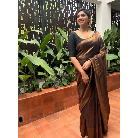 Women's Litchi Silk Printed Saree With Unstitched Blouse (gold) | Women Signature Collection