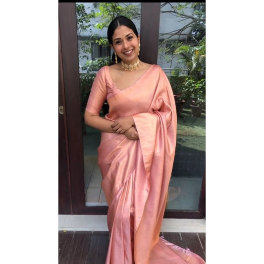 Women's Litchi Silk Printed Saree With Unstitched Blouse (peach) | Women Signature Collection