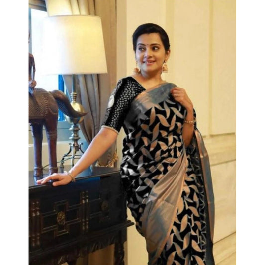 Women's Litchi Silk Printed Saree With Unstitched Blouse (black) | Women Signature Collection
