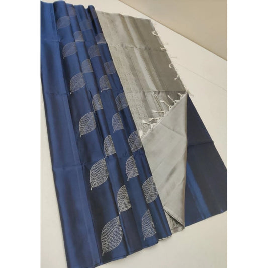 Women's Litchi Silk Printed Saree With Unstitched Blouse (dark Blue) | Women Signature Collection
