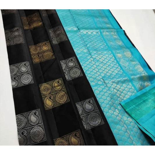 Women's Litchi Silk Printed Saree With Unstitched Blouse (black With Blue) | Women Signature Collection