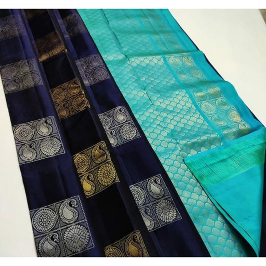 Women's Litchi Silk Printed Saree With Unstitched Blouse (navy Blue With Turquise Blue) | Women Signature Collection