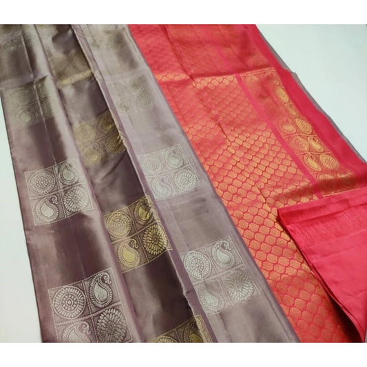 Women's Litchi Silk Printed Saree With Unstitched Blouse (brown With Orange) | Women Signature Collection