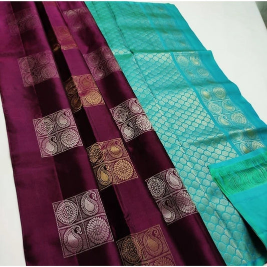 Women's Litchi Silk Printed Saree With Unstitched Blouse (maroon With Turquise Green) | Women Signature Collection