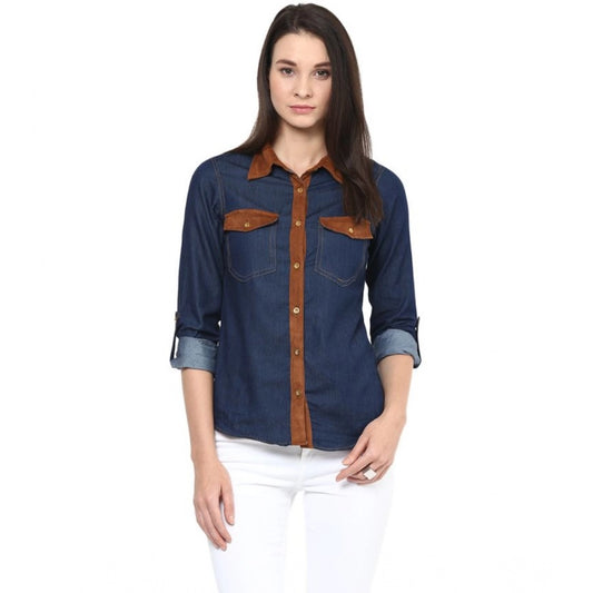 Women's Denim Cotton Based Solid Long Sleeves Shirt (blue) | Women Signature Collection