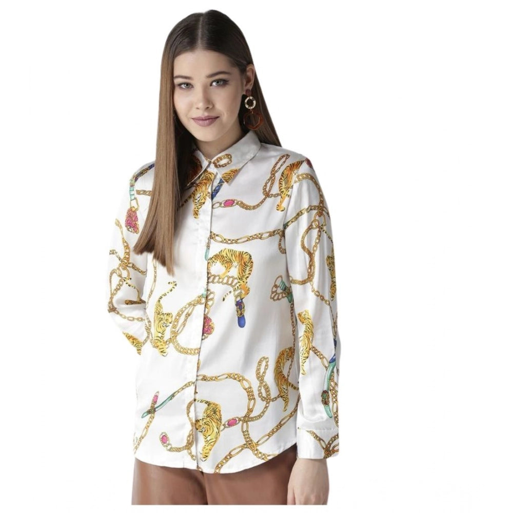 Women's Satin Printed Long Sleeves Shirt (white Gold) | Women Signature Collection