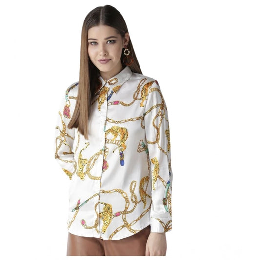 Women's Satin Printed Long Sleeves Shirt (white Gold) | Women Signature Collection