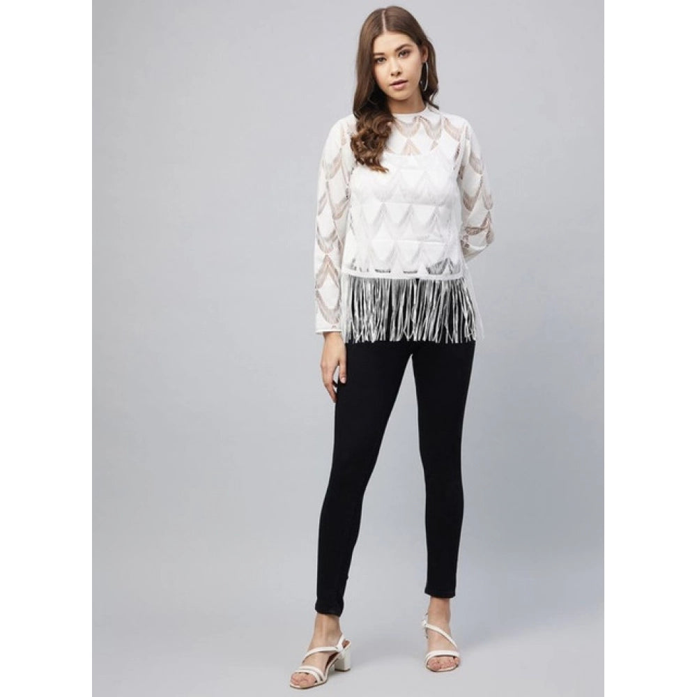 Women's Lace Self Design Short Sleeve Top (white) | Women Signature Collection