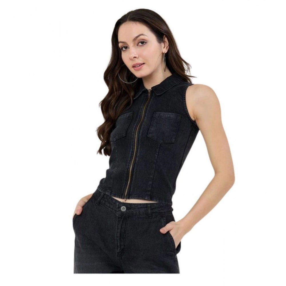Women's Denim Lycra Solid Sleeveless Top (black) | Women Signature Collection