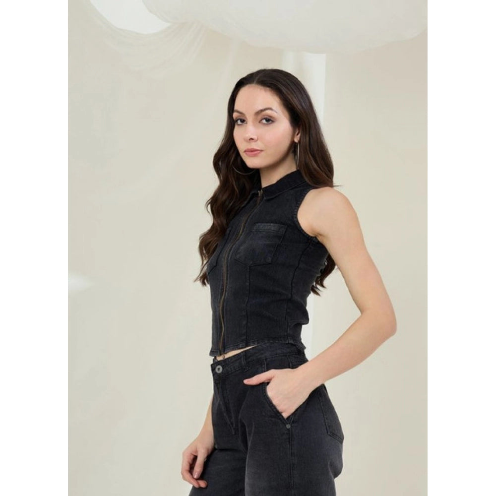 Women's Denim Lycra Solid Sleeveless Top (black) | Women Signature Collection
