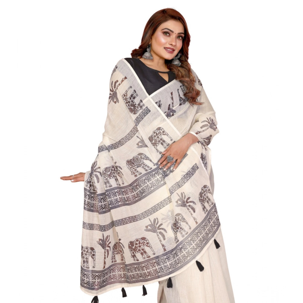 Women's Linen Cotton Printed Saree With Unstitched Blouse 5.5mtr (off White) | Women Signature Collection