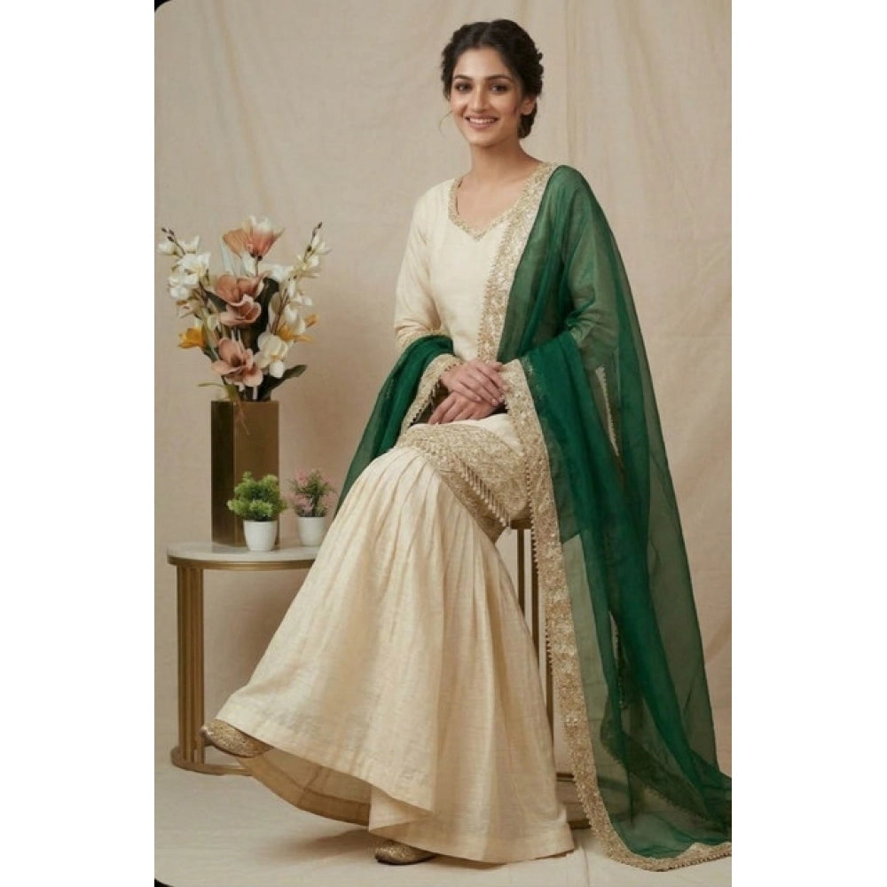 Women's Silk Embroidered 3/4th Sleeve V Neck Kurti With Sharara Pant And Dupatta Set (cream &amp; Bottle Green) | Women Signature Collection