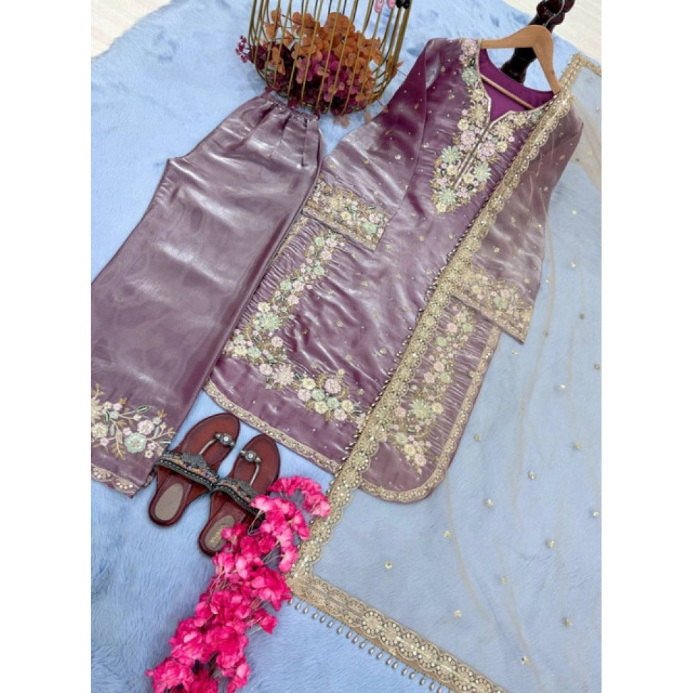 Women's Silk Embroidered 3/4th Sleeve Round Kurti With Palazzo Pant And Dupatta Set (lavender) | Women Signature Collection
