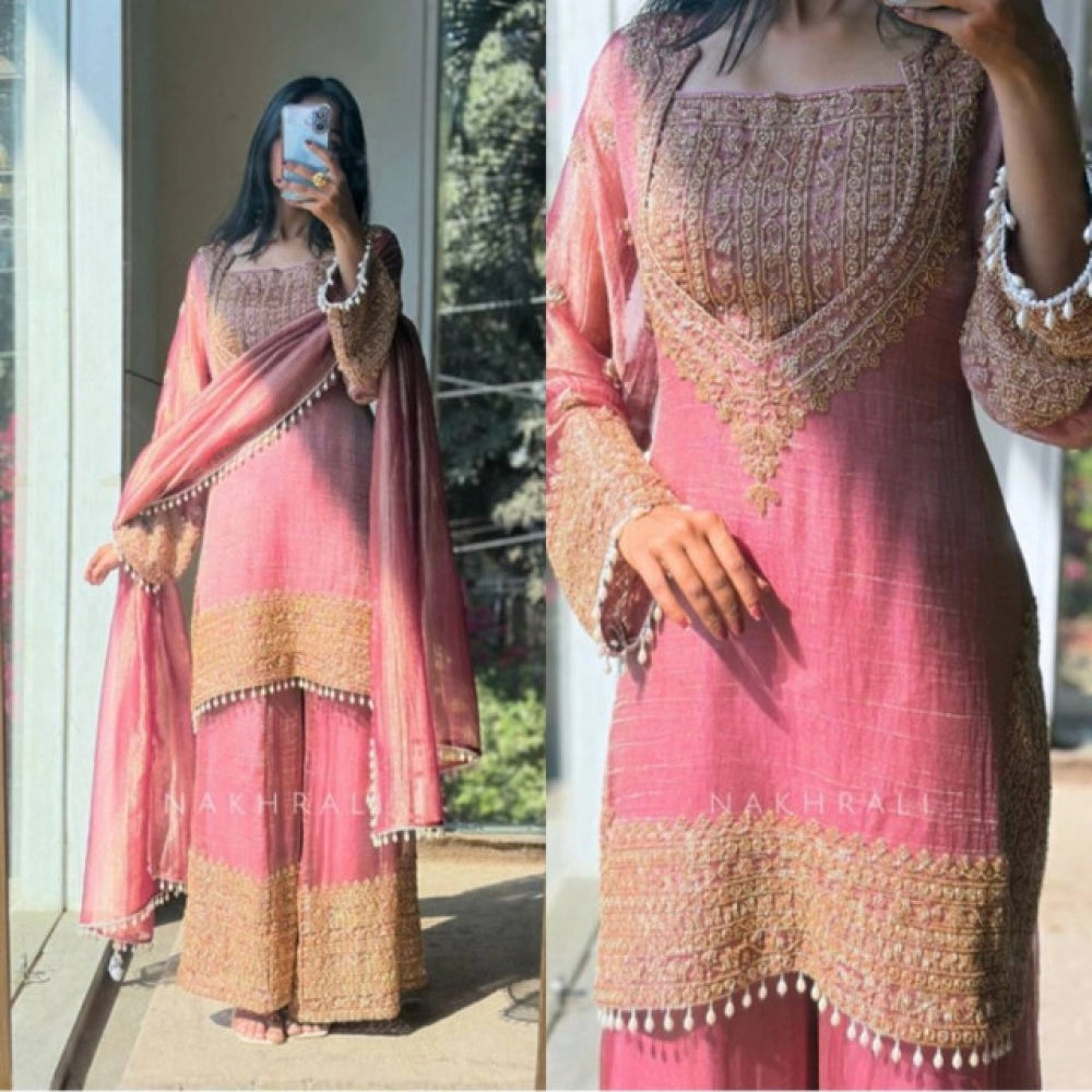 Women's Silk Embroidered 3/4th Sleeve Round Kurti With Sharara Pant And Dupatta Set (pink) | Women Signature Collection