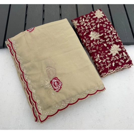 Women's Star Georgette Embroidered Saree With Unstitched Blouse 5.5mtr (cream) | Women Signature Collection