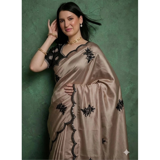 Women's Viscose Silk Embroidered Saree With Unstitched Blouse 5.5mtr (beige) | Women Signature Collection