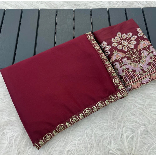 Women's Art Silk Embroidered Saree With Unstitched Blouse 5.5mtr (maroon) | Women Signature Collection