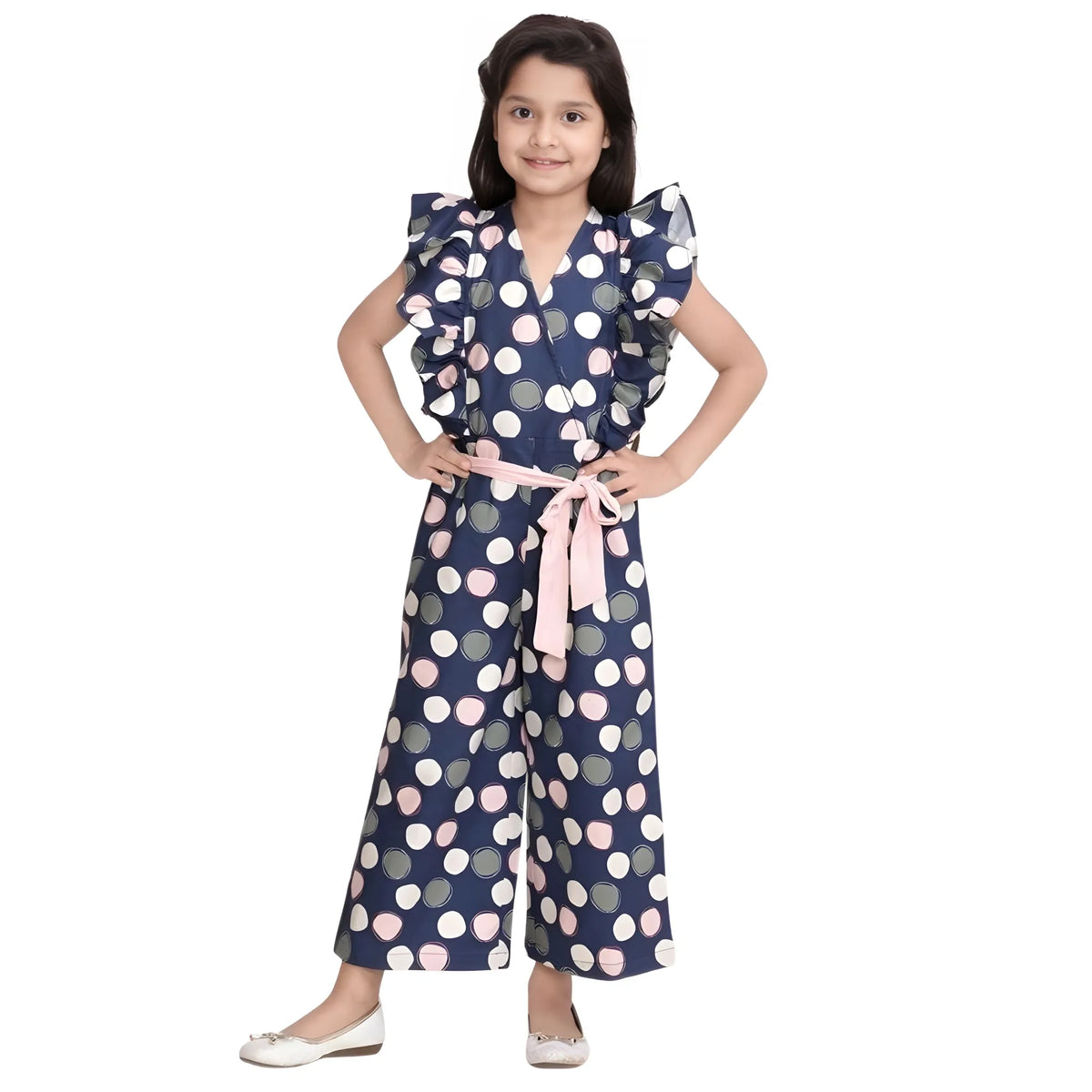 Girl's Rayon Polka Flutter Jumpsuit (multicolor) | Kids Signature Collection