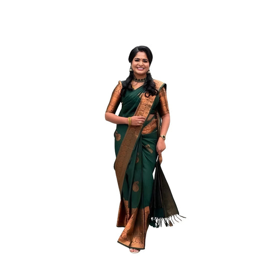 Women's Soft Lichi Silk Printed Saree With Unstitched Blouse 5.5Mtr (Green)