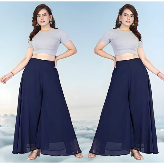 Women's Pack of 2 Georgette Solid High Rise Wide Leg Flared Palazzos with Elastic Waist (Navy Blue)