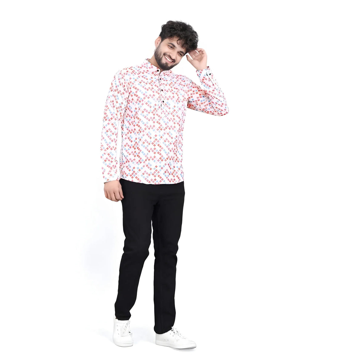 Men's Cotton Blended Printed Full Sleeve Shortkurta (Multicolor)