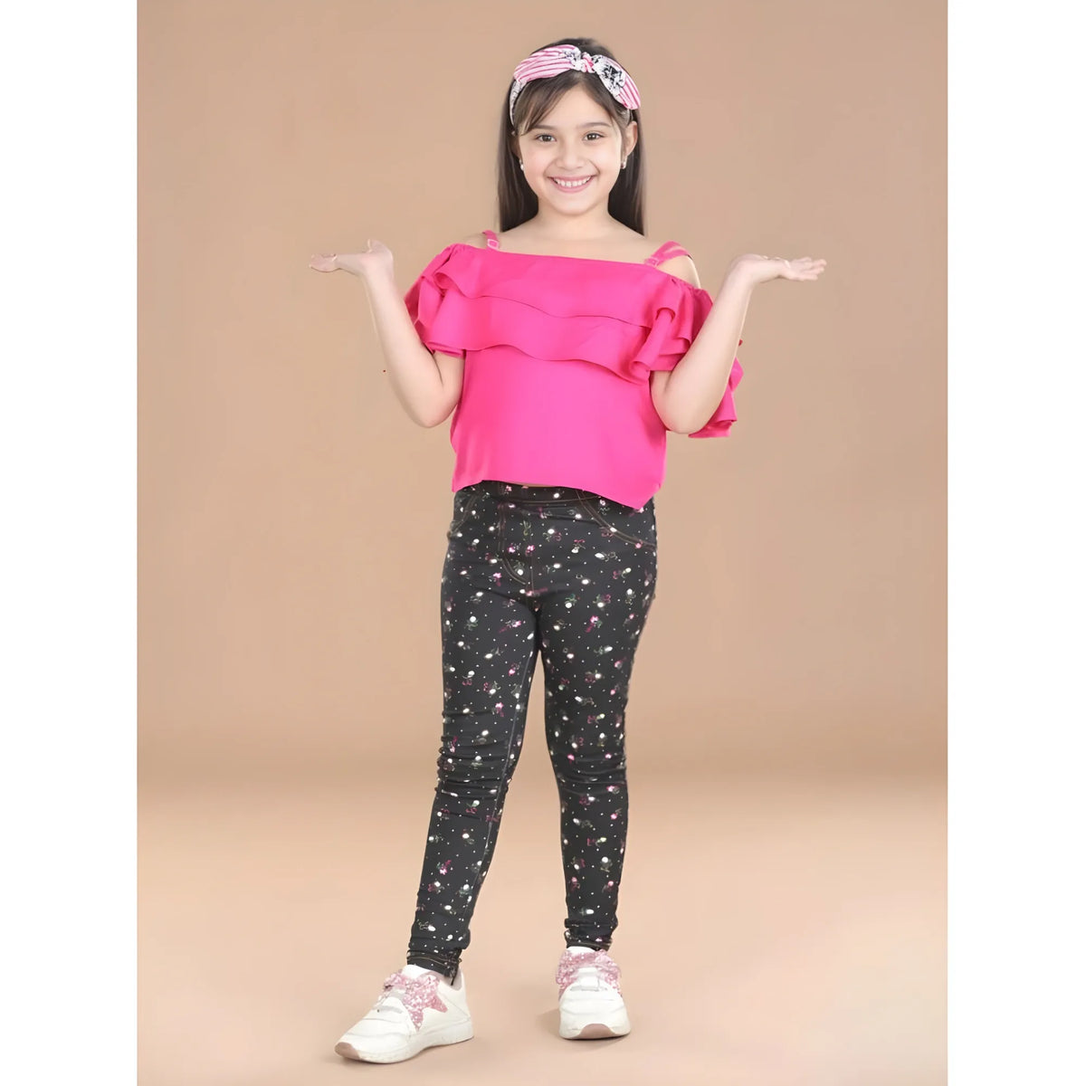 Girl's Cotton Lycra Floral Elasticated Jeggings (Multicolor)